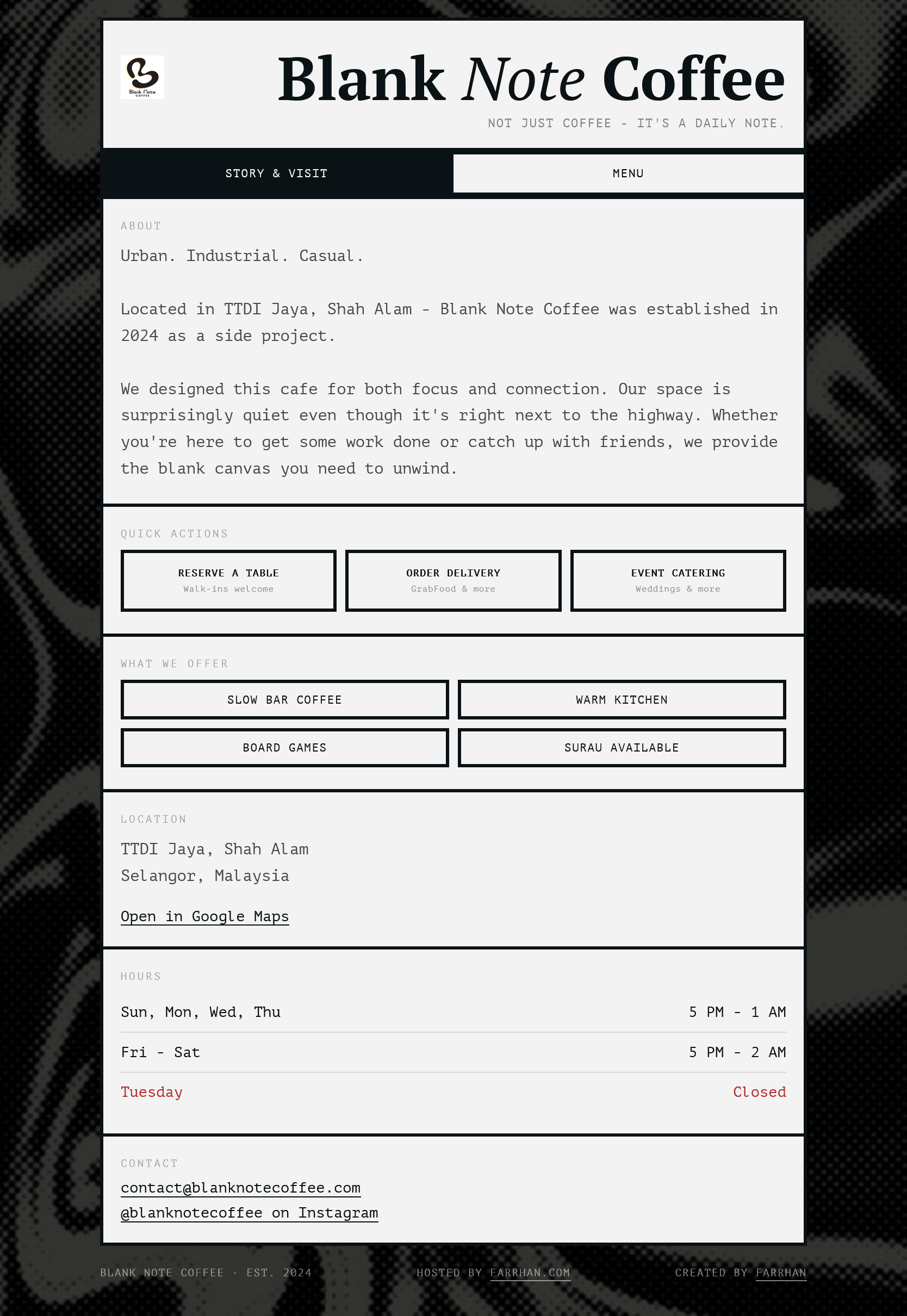 Blank Note Coffee website screenshot