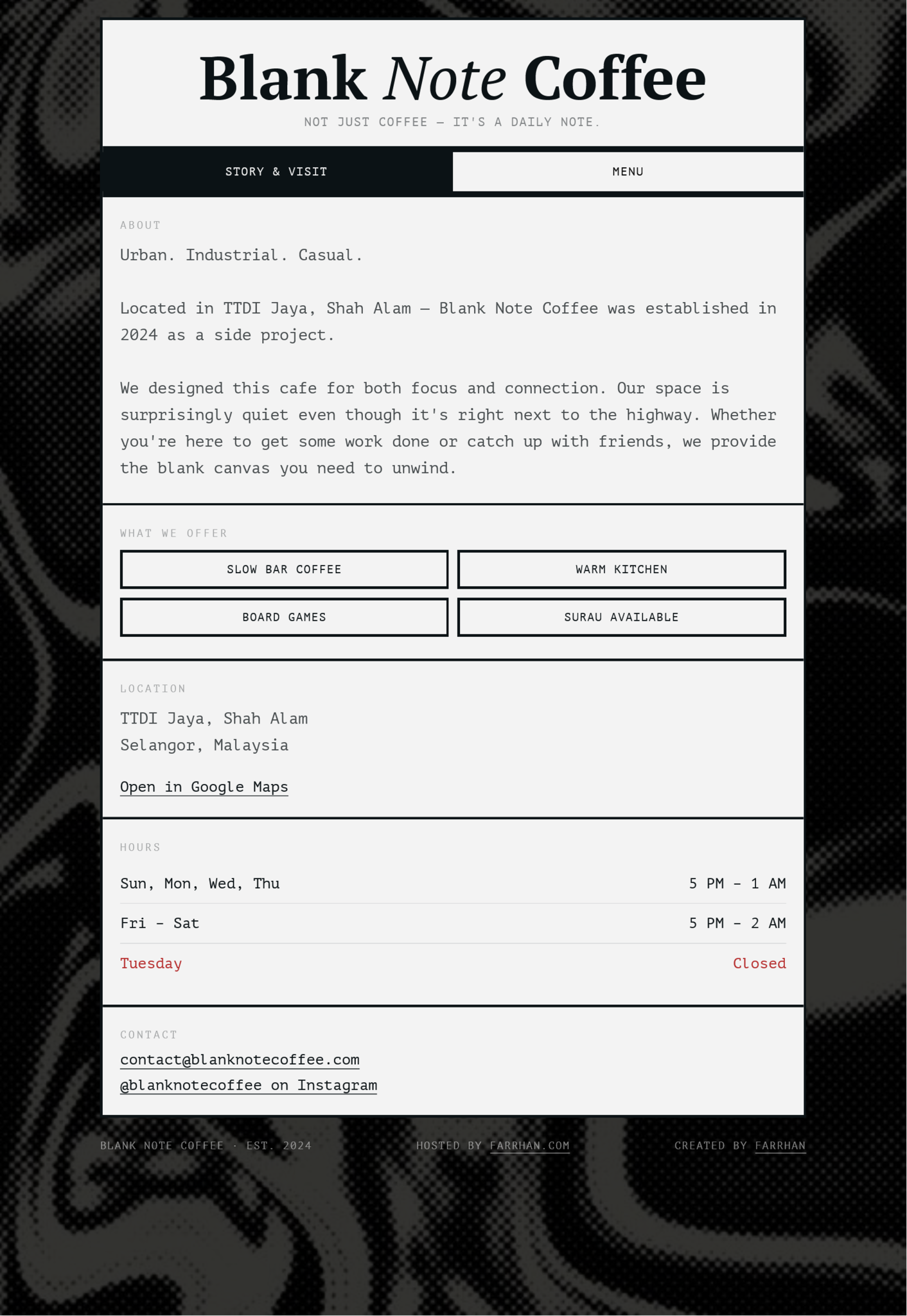 Blank Note Coffee website screenshot